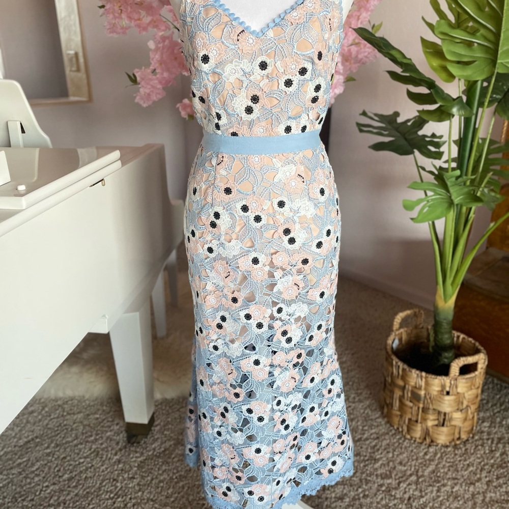 Light Blue and Blush Floral Lace Midi Dress